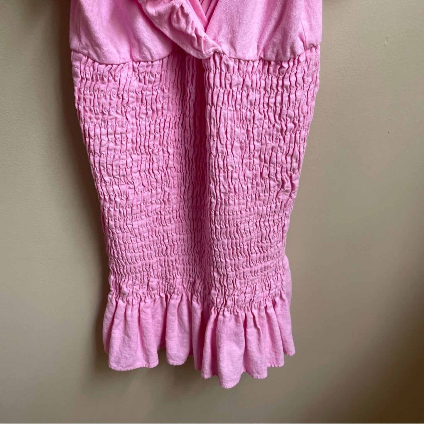 Zara pink linen blend smocked ruffle sleeve midi dress SIZE XS