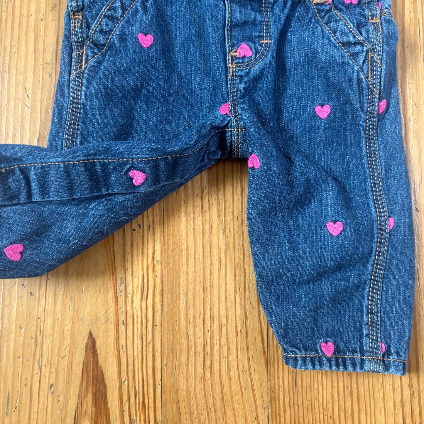 OshKosh B'gosh blue jean pink heart embroidered baby overalls SIZE 6M