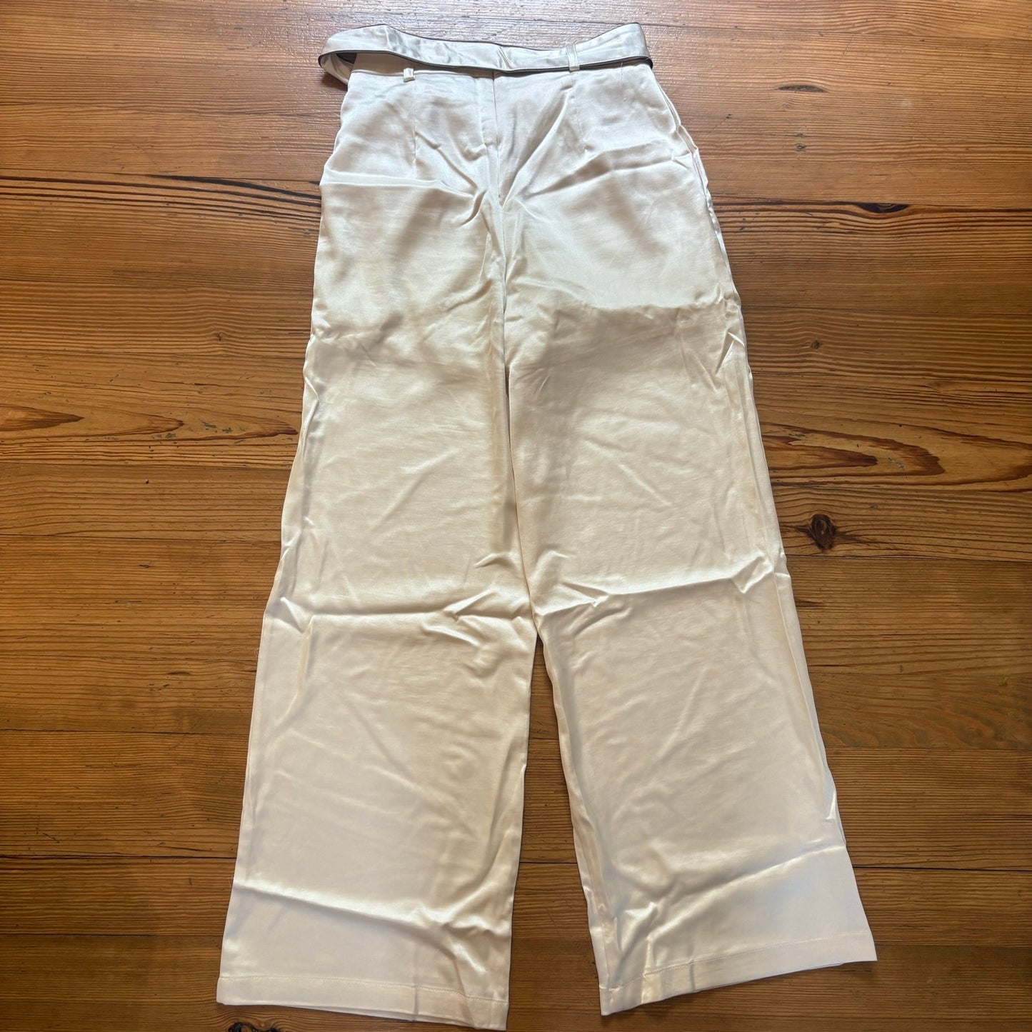 NWT Endless Blu ivory satin wide leg high rise belted pants SIZE M