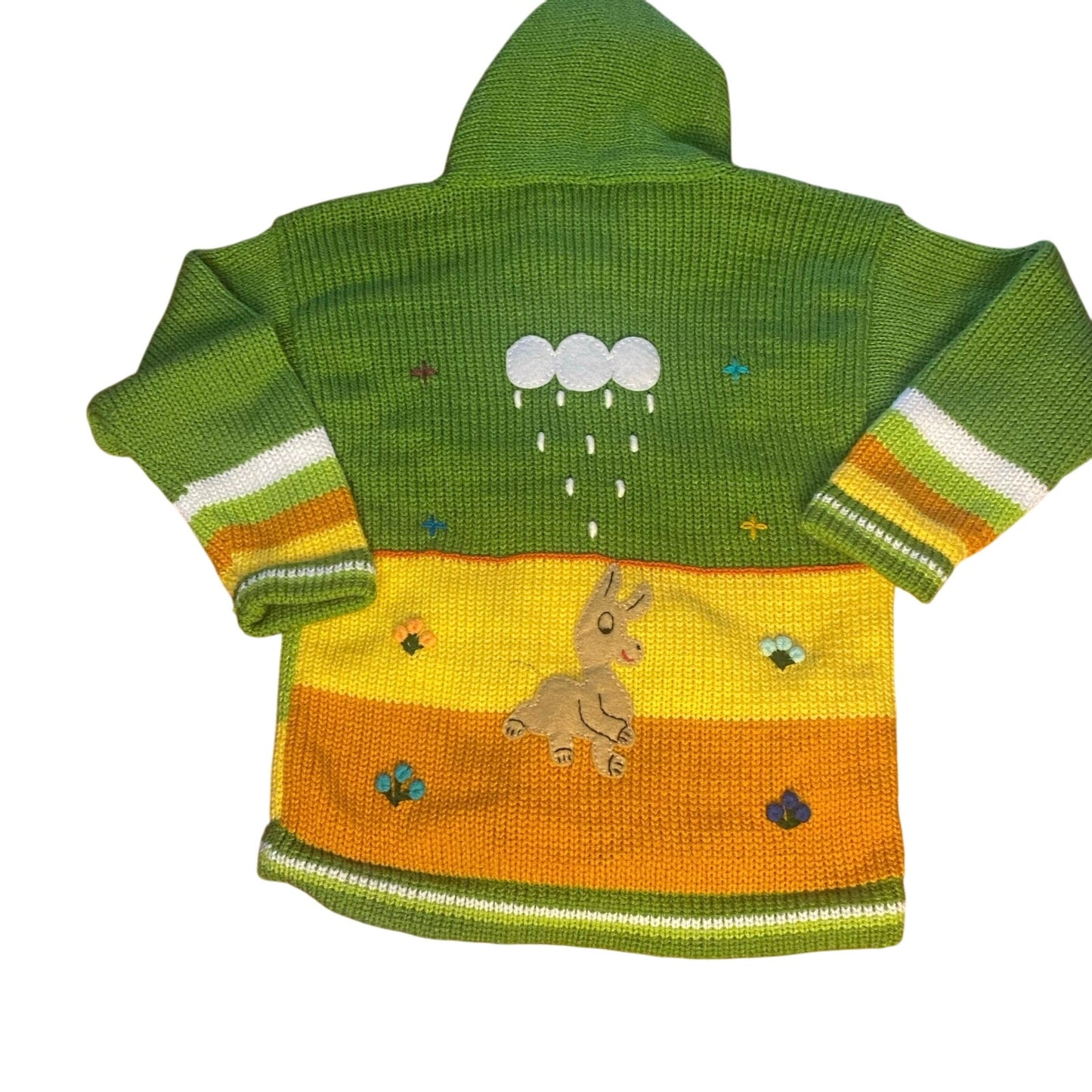 Green yellow spring animal woodland full zip knit unisex sweater SIZE 6