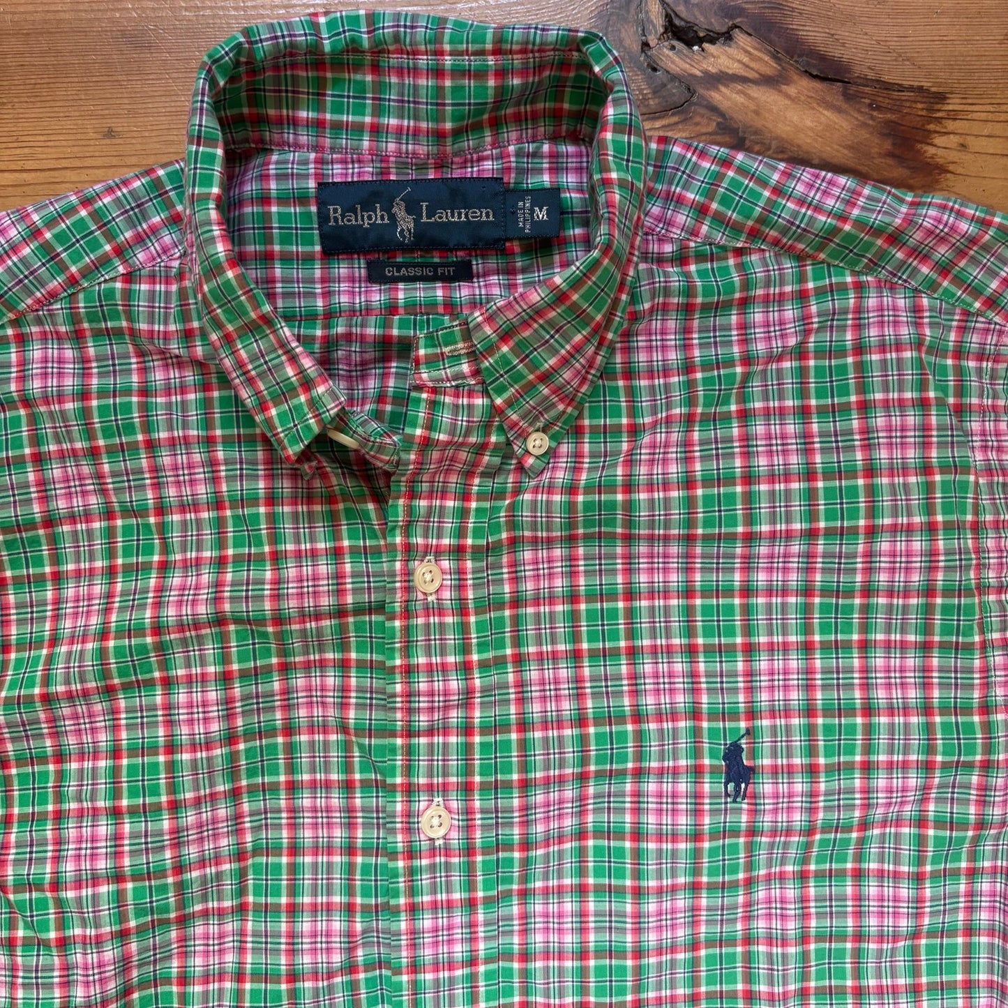 Ralph Lauren green pink plaid short sleeve button up mens shirt SIZE M