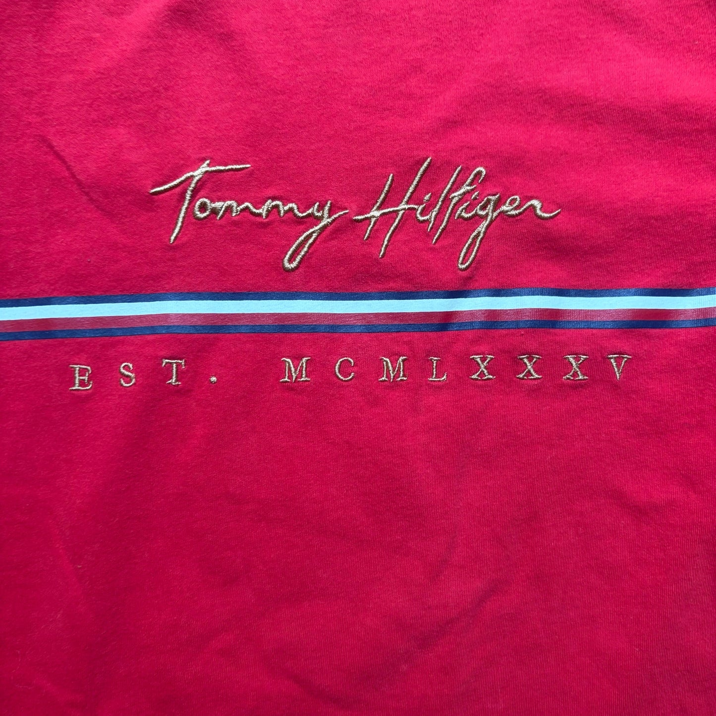 Tommy Hilfiger red retro gold embroidered cotton short sleeve mens shirt SIZE M
