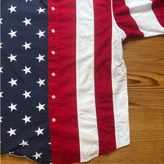 Redhead America red white and blue flag short sleeve button collar shirt SIZE M
