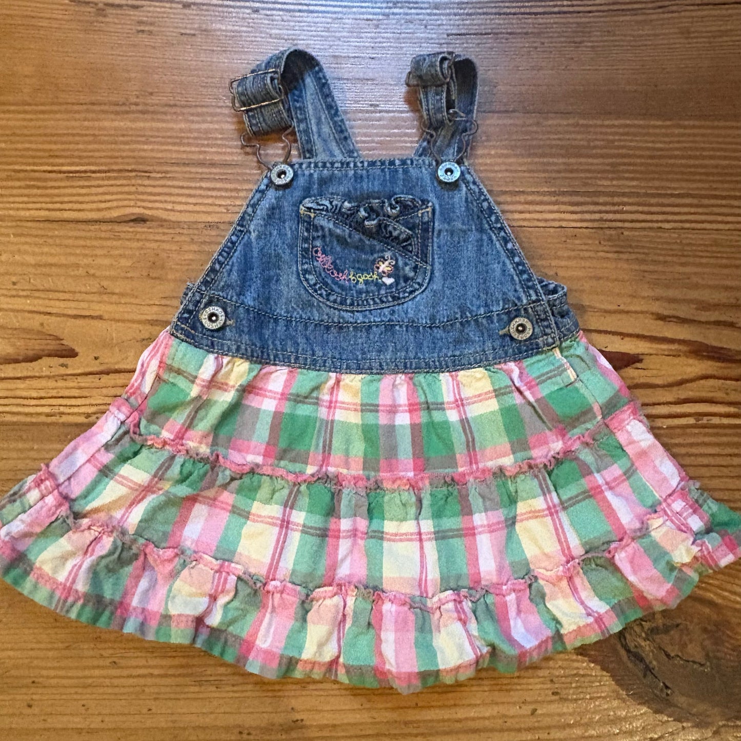 OshKosh B'gosh 90s blue jean pink green plaid baby overall ruffle skirt SIZE 12M