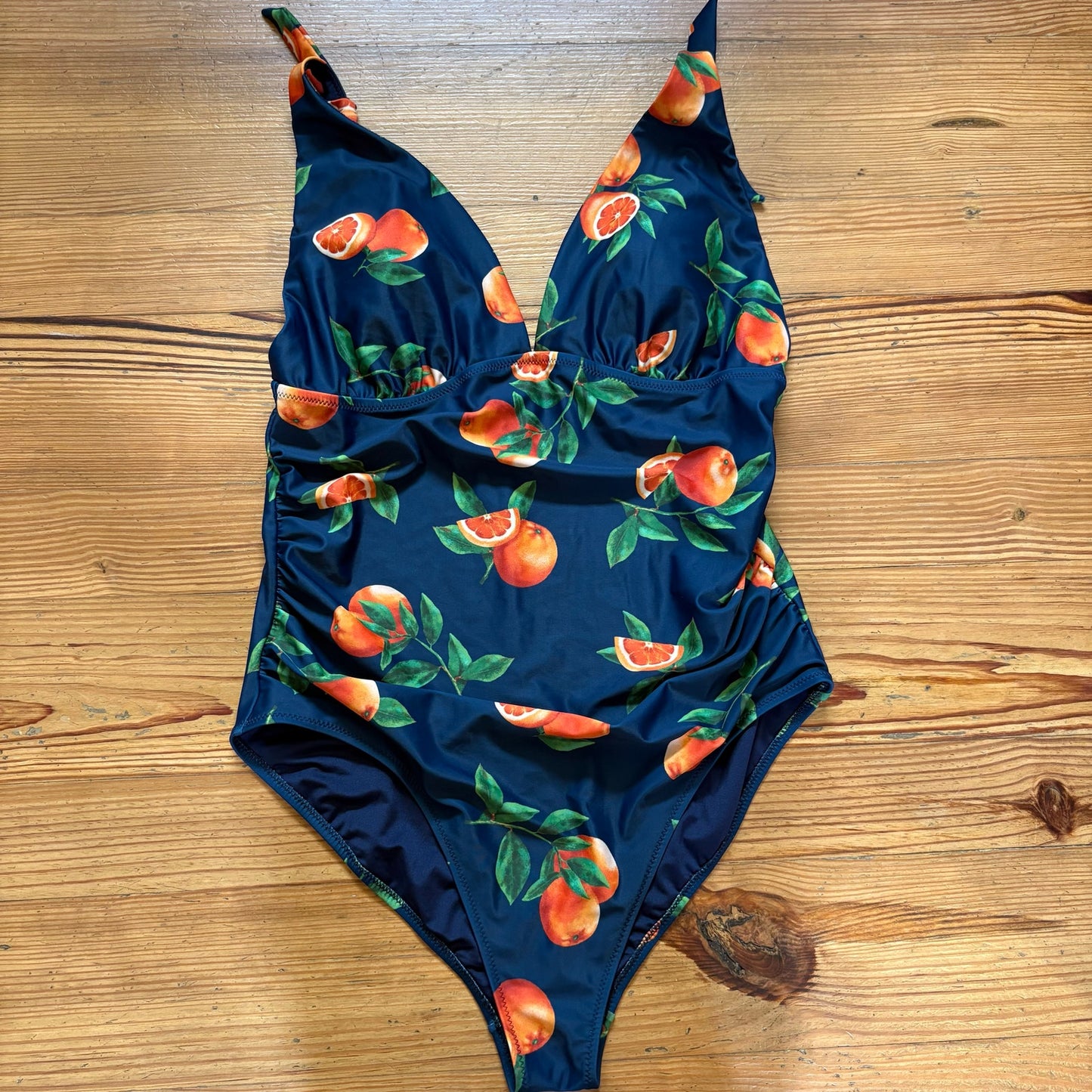 Old Navy navy orange fruit tie shoulder ruched plunge one piece swimsuit SIZE XL