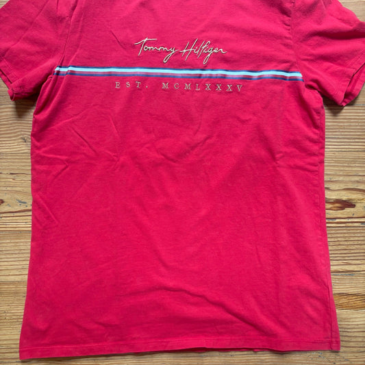 Tommy Hilfiger red retro gold embroidered cotton short sleeve mens shirt SIZE M