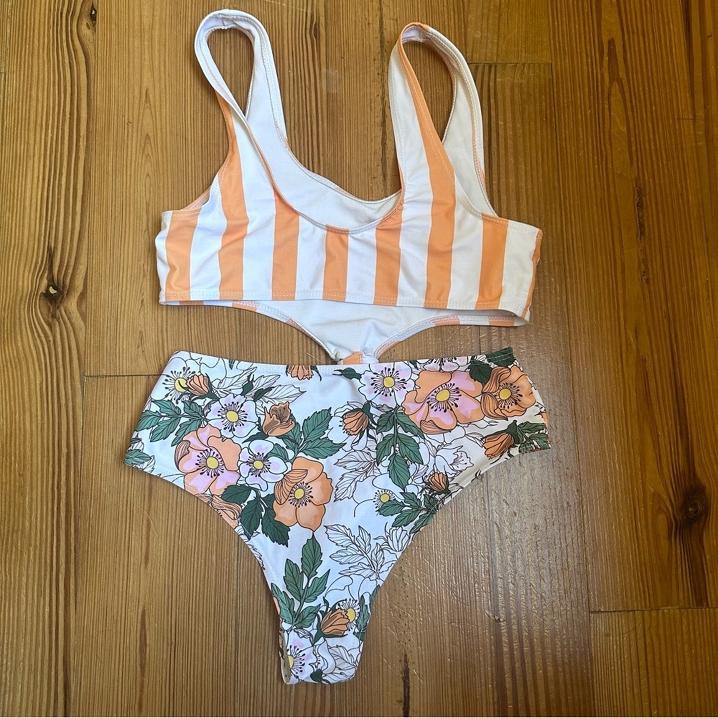 Shein striped orange floral cut out one piece SIZE S