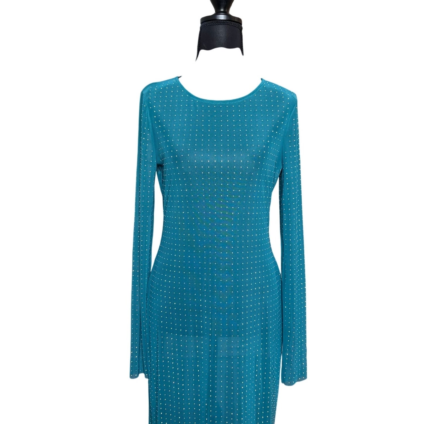 Mable teal blue rhinestone long sleeve sheer maxi dress SIZE L