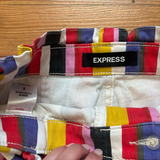 Express multicolor striped extra high waisted ruffle trim stretch shorts SIZE 8