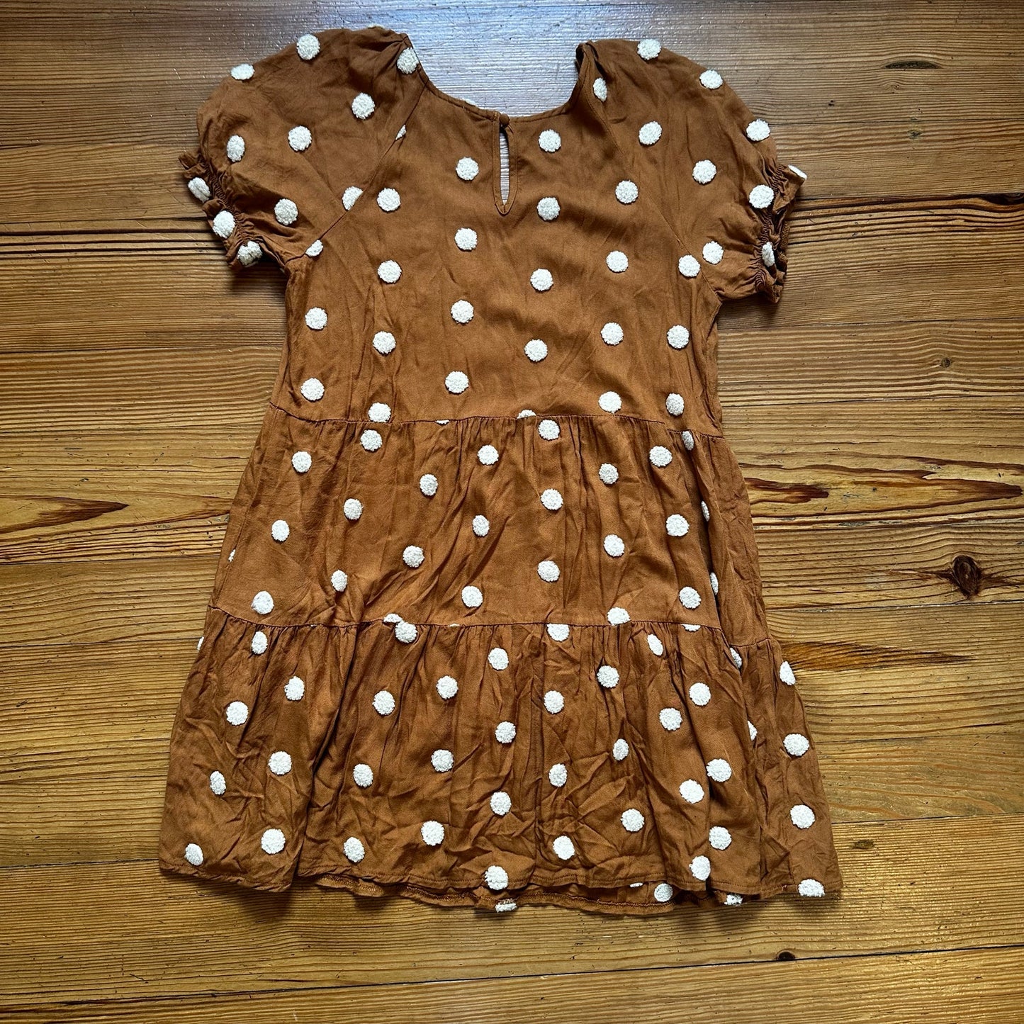 Blu Pepper brown cream textured polka dot tiered puff sleeve dress SIZE M