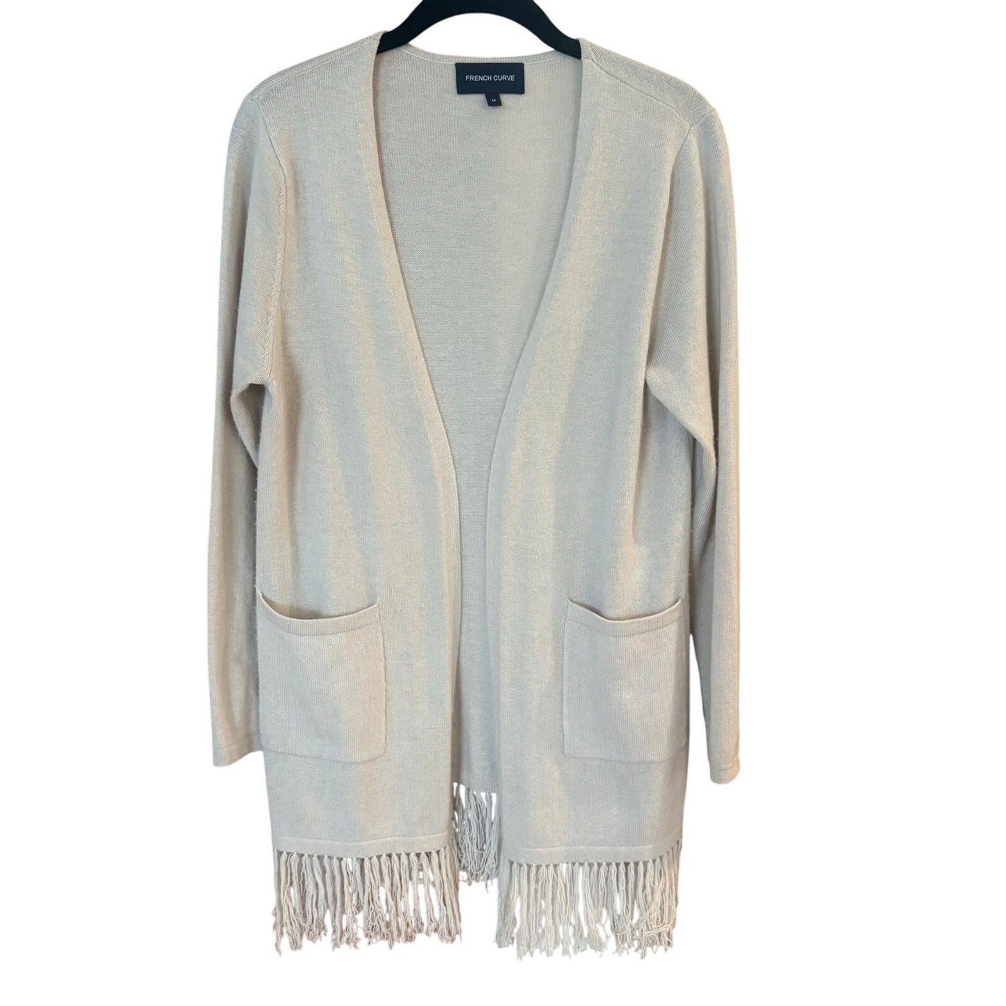 French Curve cashmere beige long sleeve fringe bottom cardigan SIZE M