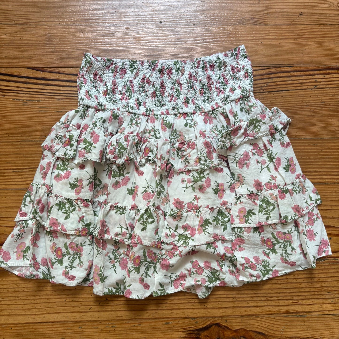 Olivaceous white pink floral ruched smocked tiered ruffle strapless top SIZE M