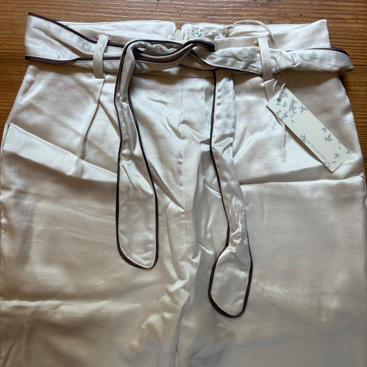 NWT Endless Blu ivory satin wide leg high rise belted pants SIZE M