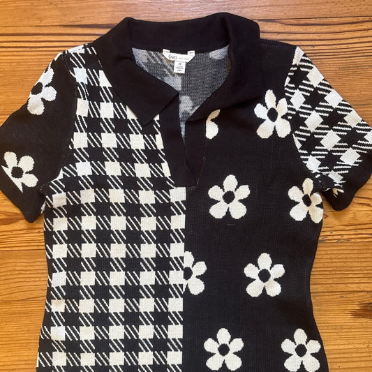 CATO black white checkered daisy mod collared short sleeve mini dress SIZE M