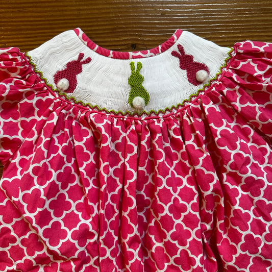 Debbie Dabble pink white short sleeve bunny spring smocked dress SIZE 24M