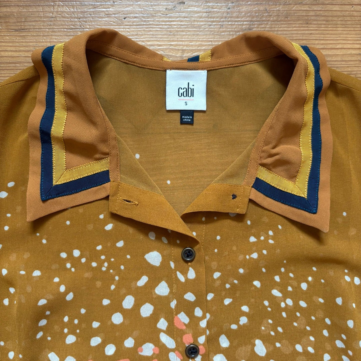 CAbi Cheers yellow speckled collar sleeveless sheer blouse SIZE S