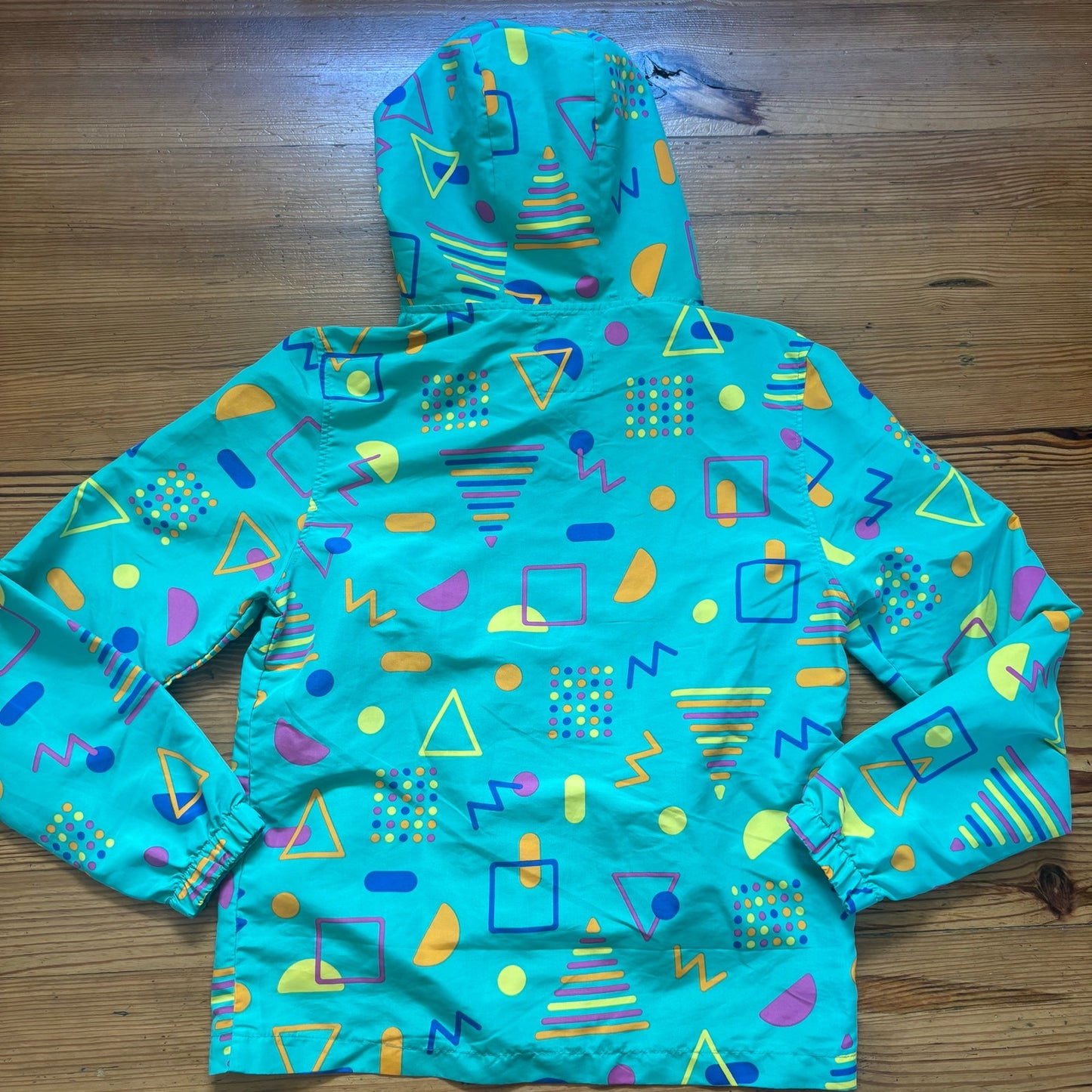 Massive 90s green teal blue shapes hooded pullover adult jacket SIZE S