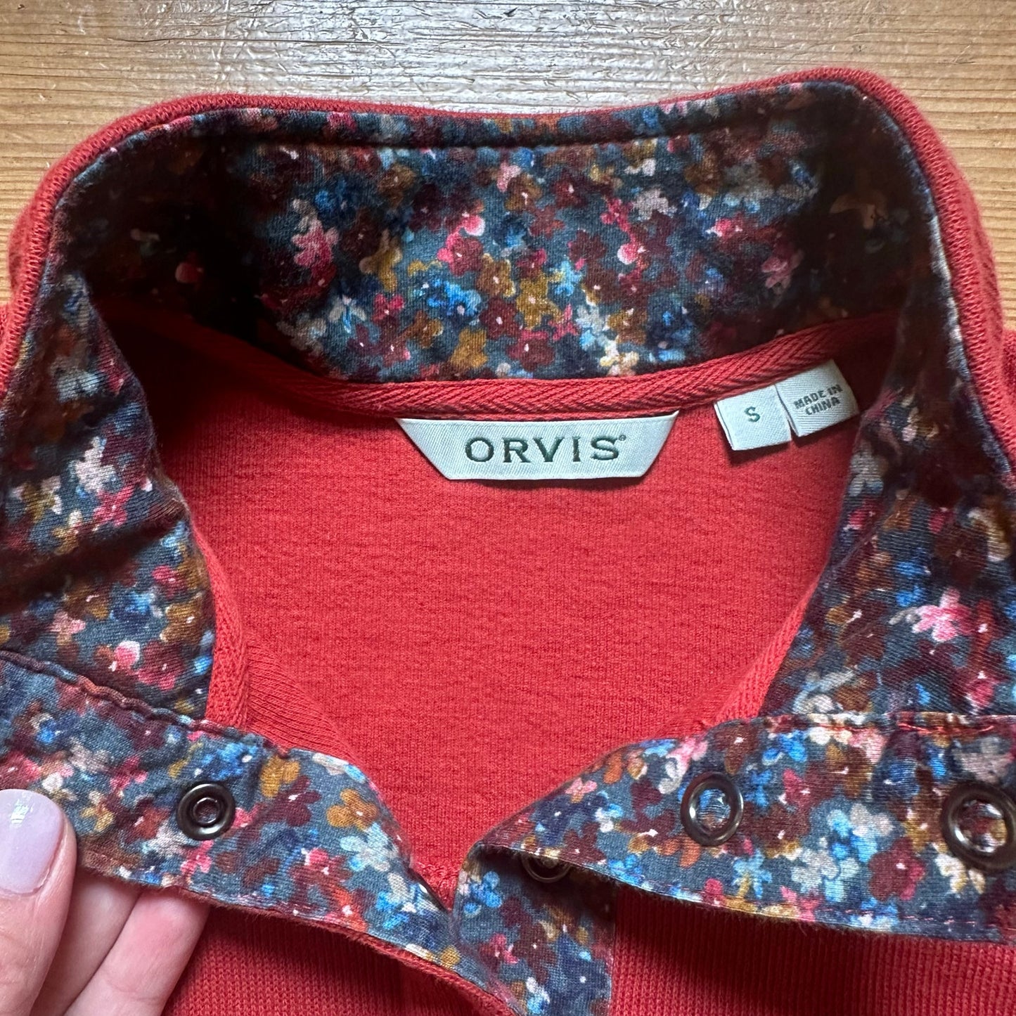 Orvis Signature Softest red floral lined quarter zip sweater SIZE S