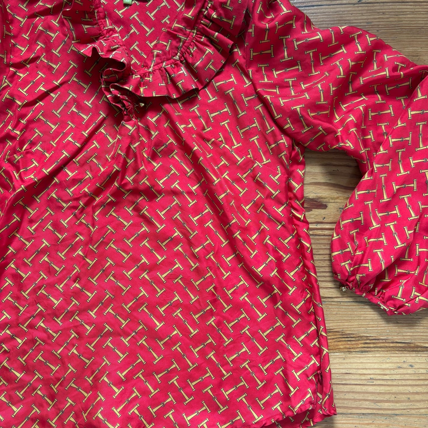 Elizabeth McKay red silk horse ruffle collar long sleeve blouse shirt SIZE 6