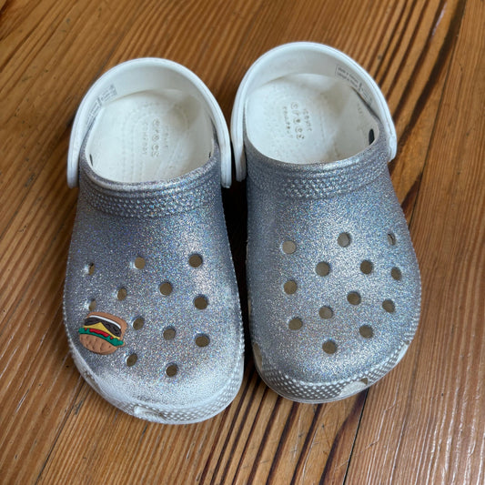 Crocs white silver glitter classic slip on child clog sandal SIZE 10