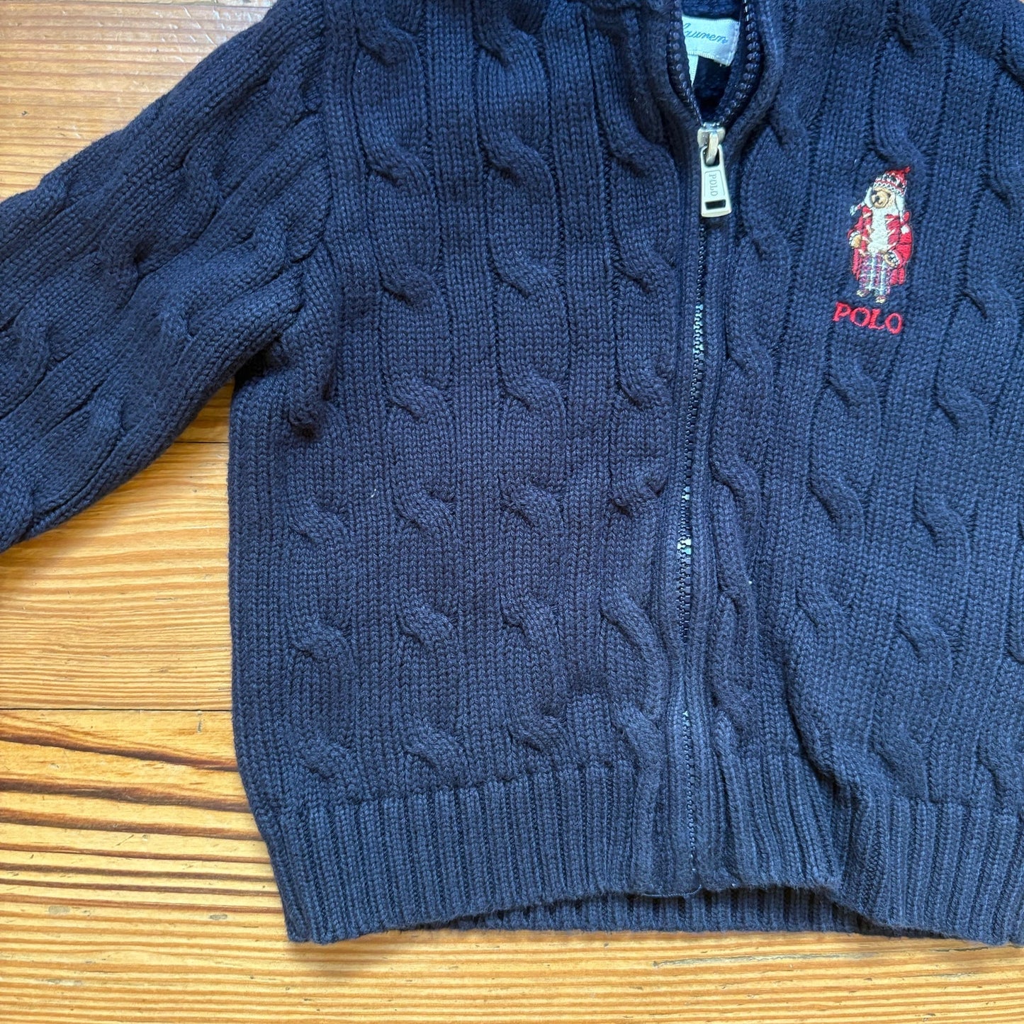 Ralph Lauren navy Polo bear full zip cable knit sweater SIZE 12M