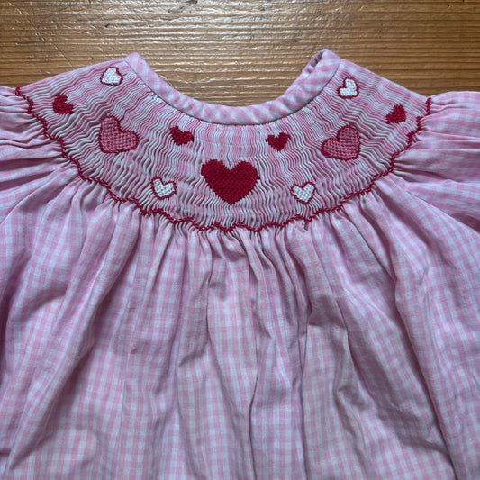 Classic Whimsy pink checkered heart Valentine smocked short sleeve top SIZE 3T