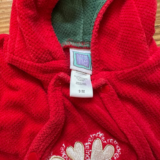 Little Me red fleece hooded Christmas reindeer snap one piece SIZE 9M