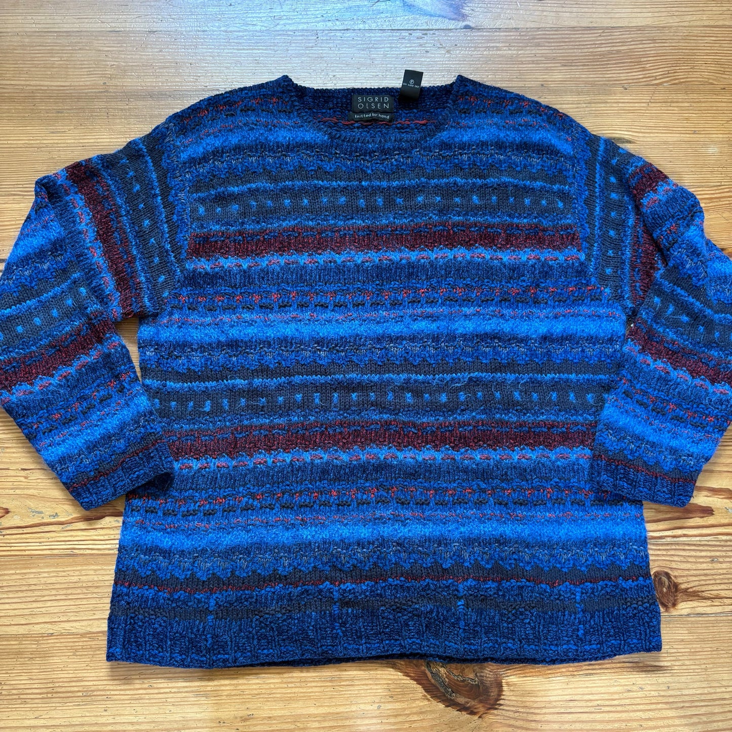 Sigrid Olsen mohair blend royal blue red hand knit crew sweater SIZE M