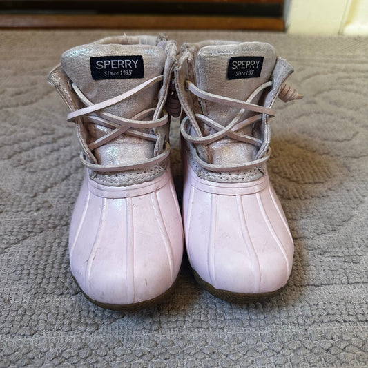 Sperry pink metallic kids rubber sole saltwater duck boot SIZE 8