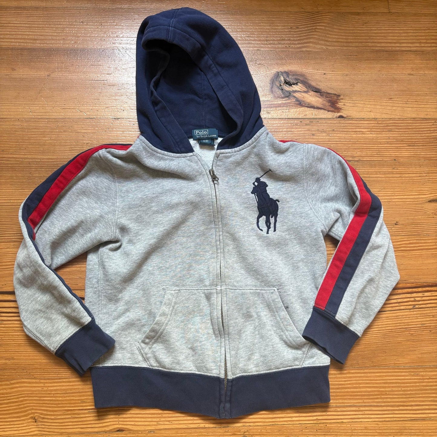 Polo Ralph Lauren gray navy blue full zip large pony hoodie sweatshirt SIZE 8