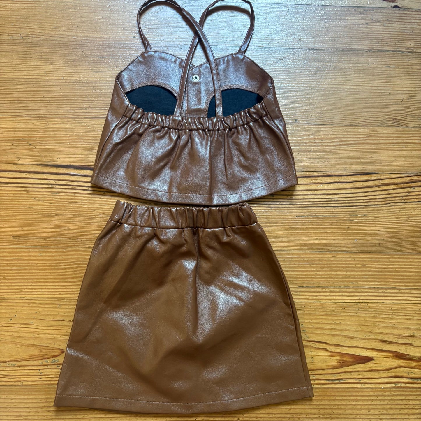 Shein dark brown faux leather tank skirt girls set SIZE 6