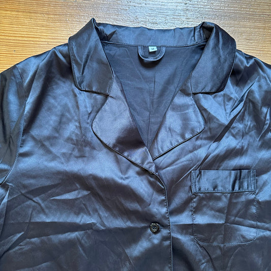 Shein black silk like collar button up feather cuff sleep shirt SIZE M