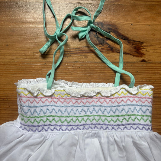 Smockingbird white colorful smocked tie strap girls cotton dress SIZE 5