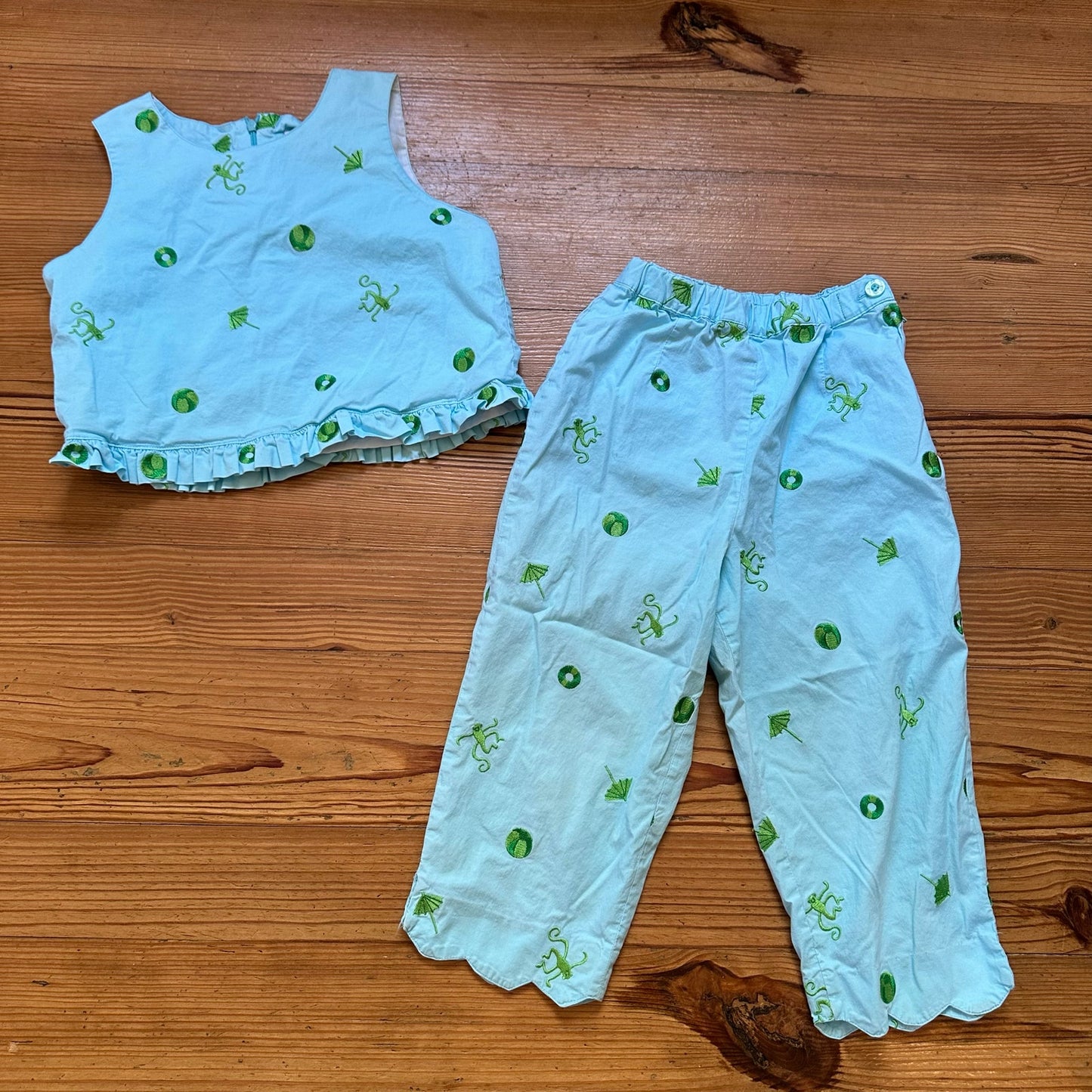Lilly Pulitzer vintage light blue monkey embroidered cropped top pant set SIZE 10