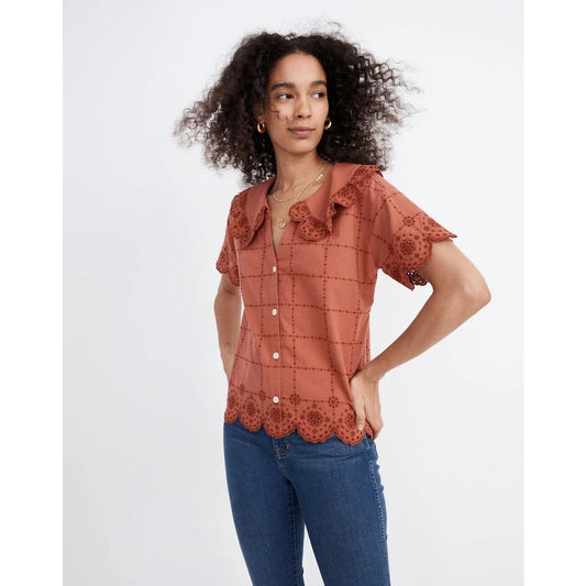 Madewell rust embroidered eyelet cottage collared short sleeve blouse SIZE S