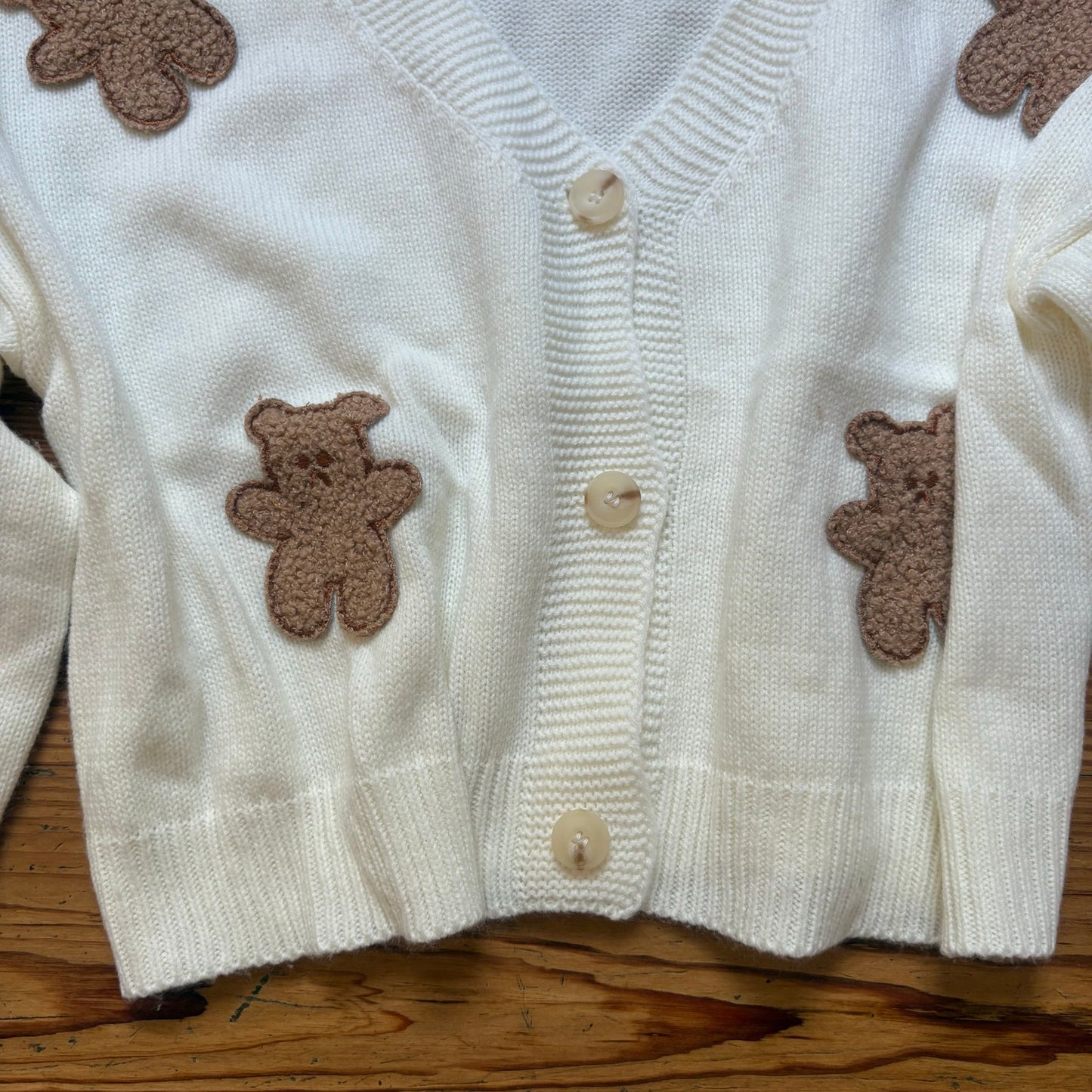 Shein ivory sad teddy bear patches bubble sleeve cropped cardigan sweater SIZE S