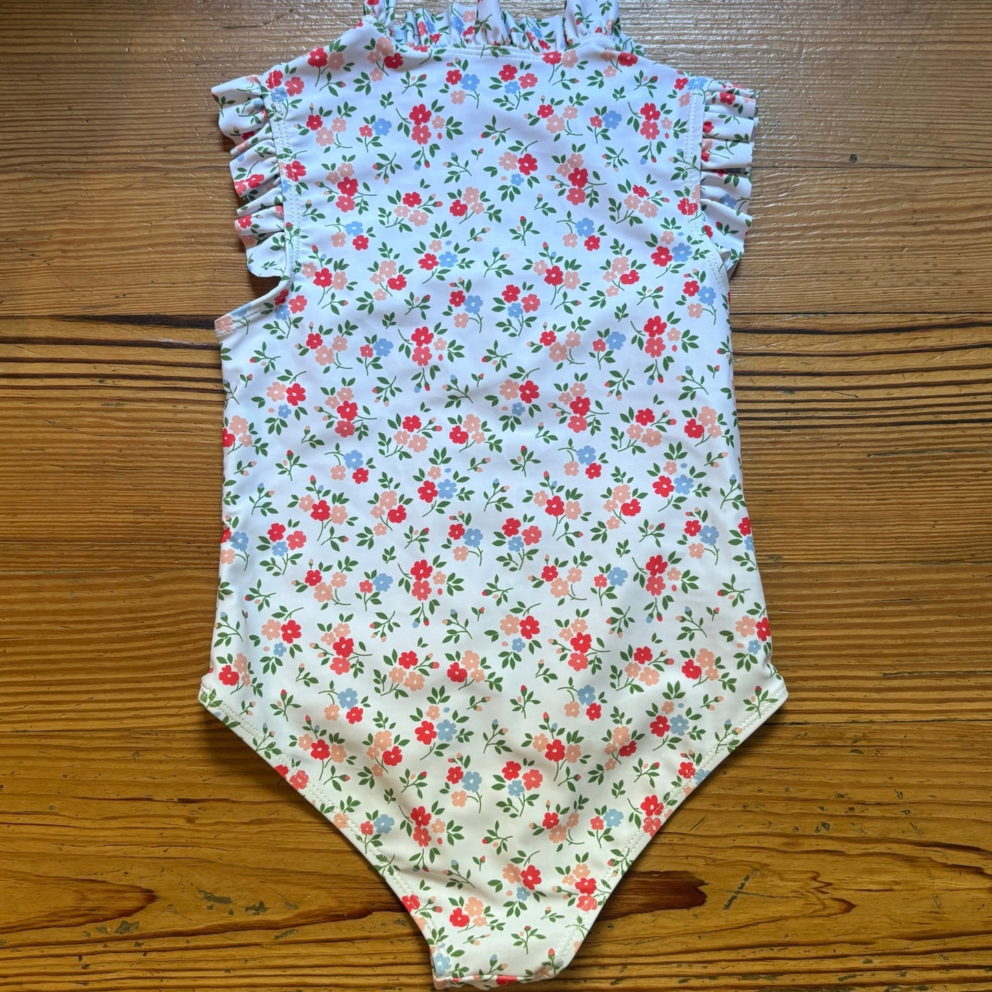 Shein white red pink floral ruffle sleeveless zip front swimsuit SIZE 6