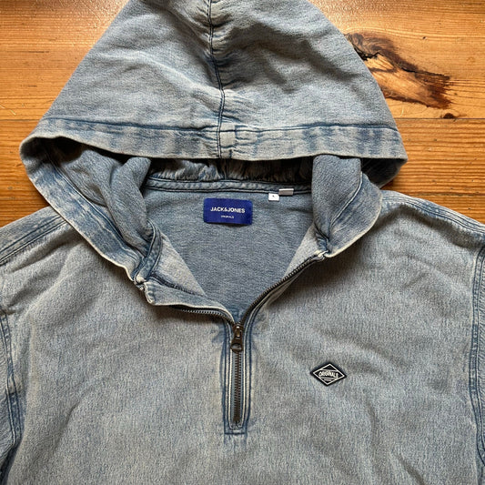 Jack & Jones light wash denim hooded quarter zip sweatshirt SIZE L