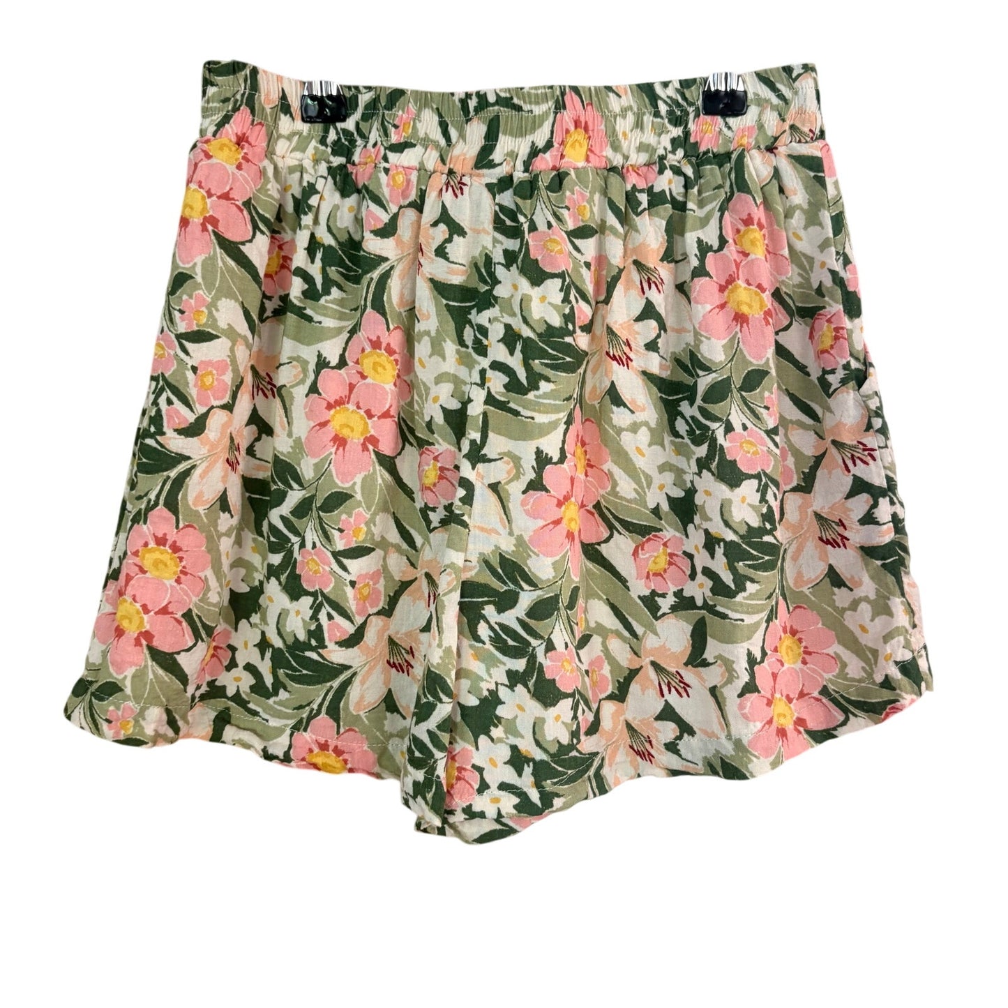 SAGE pink green floral elastic waistband pull on shorts SIZE S