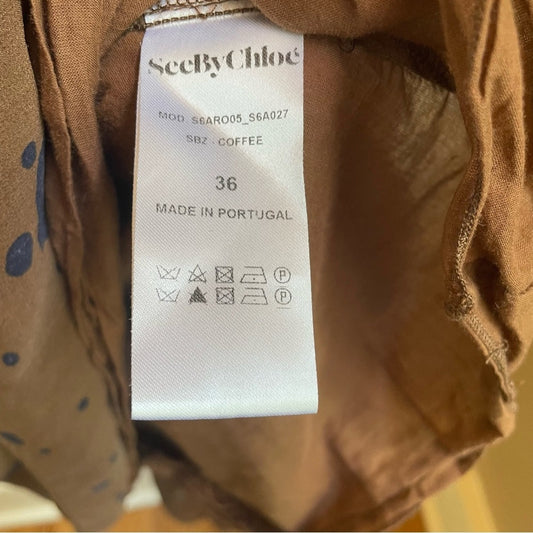 See by Chloe brown navy floral print tie neckline dress SIZE 36, 2-4