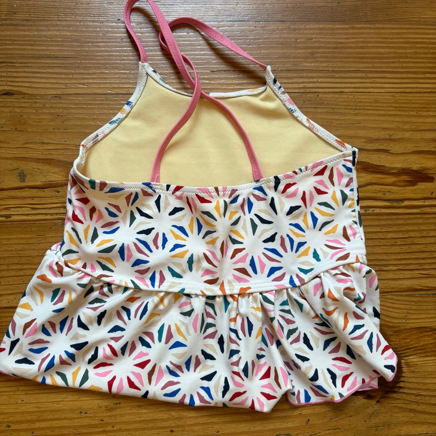 Pink Chicken white colorful geometric strap peplum swim top SIZE 10