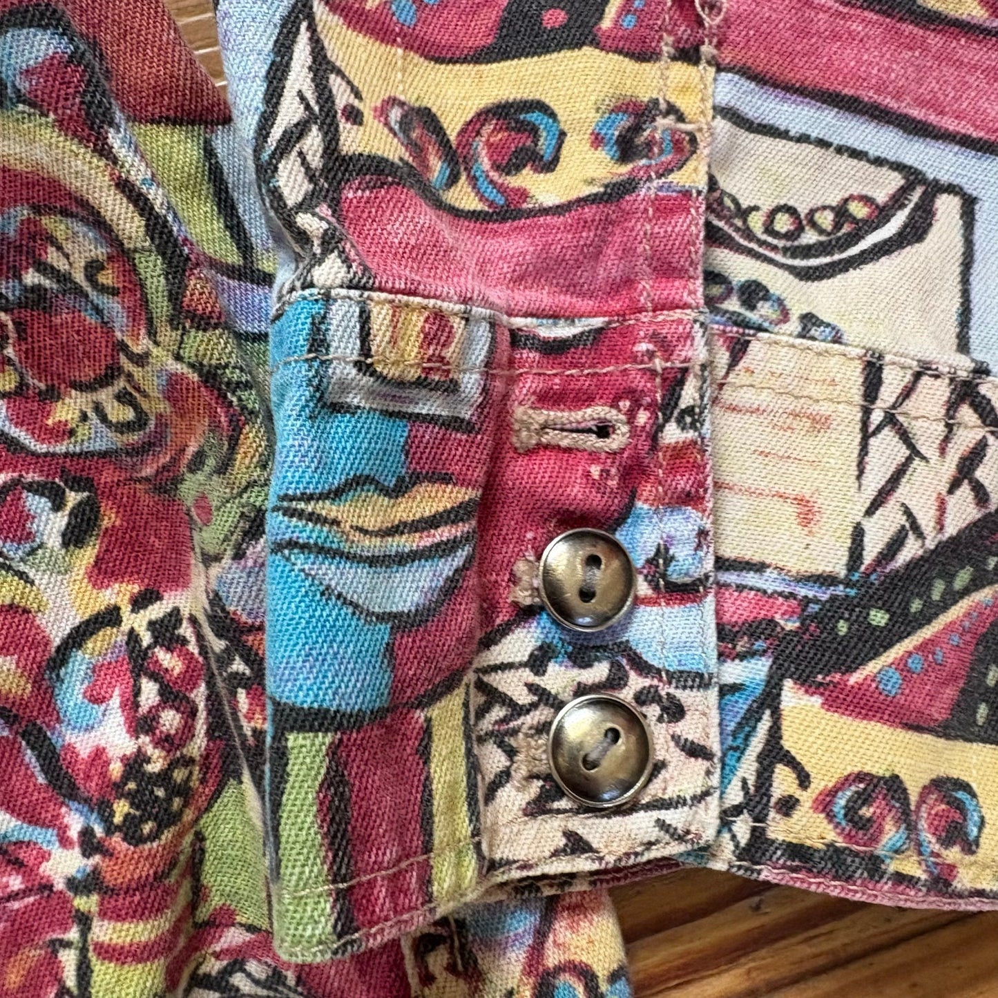 Chico's colorful abstract faces button up long sleeve linen women shirt SIZE 16