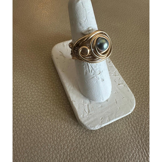 14k Gold Filled Wire with Fine Silver Crochet and a Black Pearl Size 7