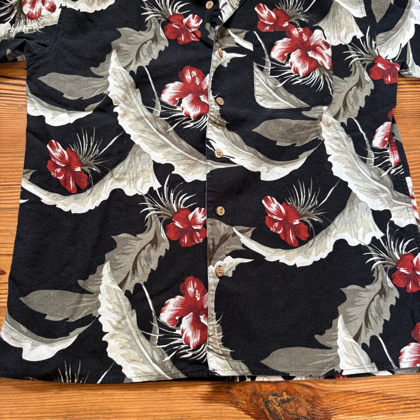 Foliage black green floral linen blend short sleeve button up mens shirt SIZE M