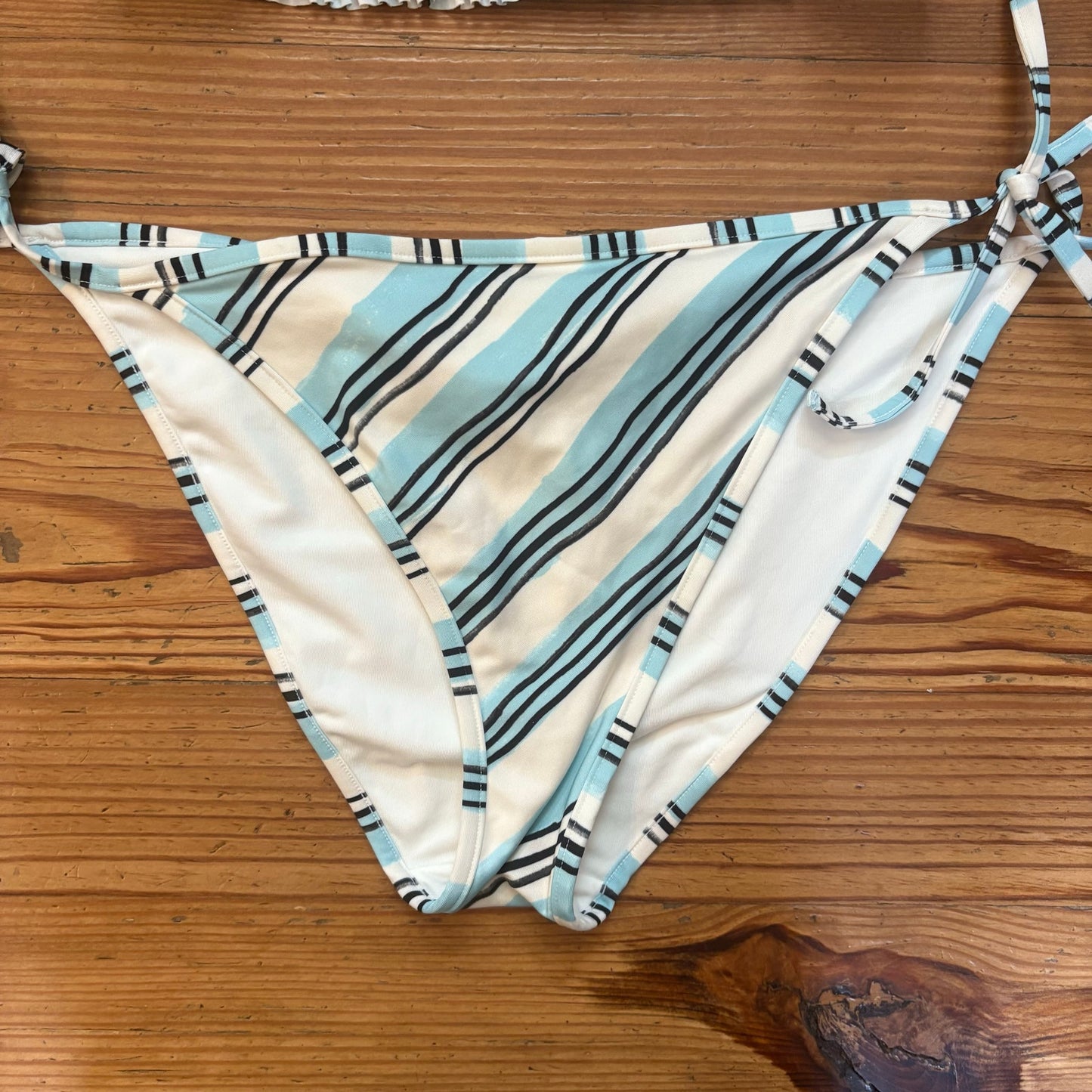 H&M blue black white striped smocked tie top bikini swimsuit SIZE M