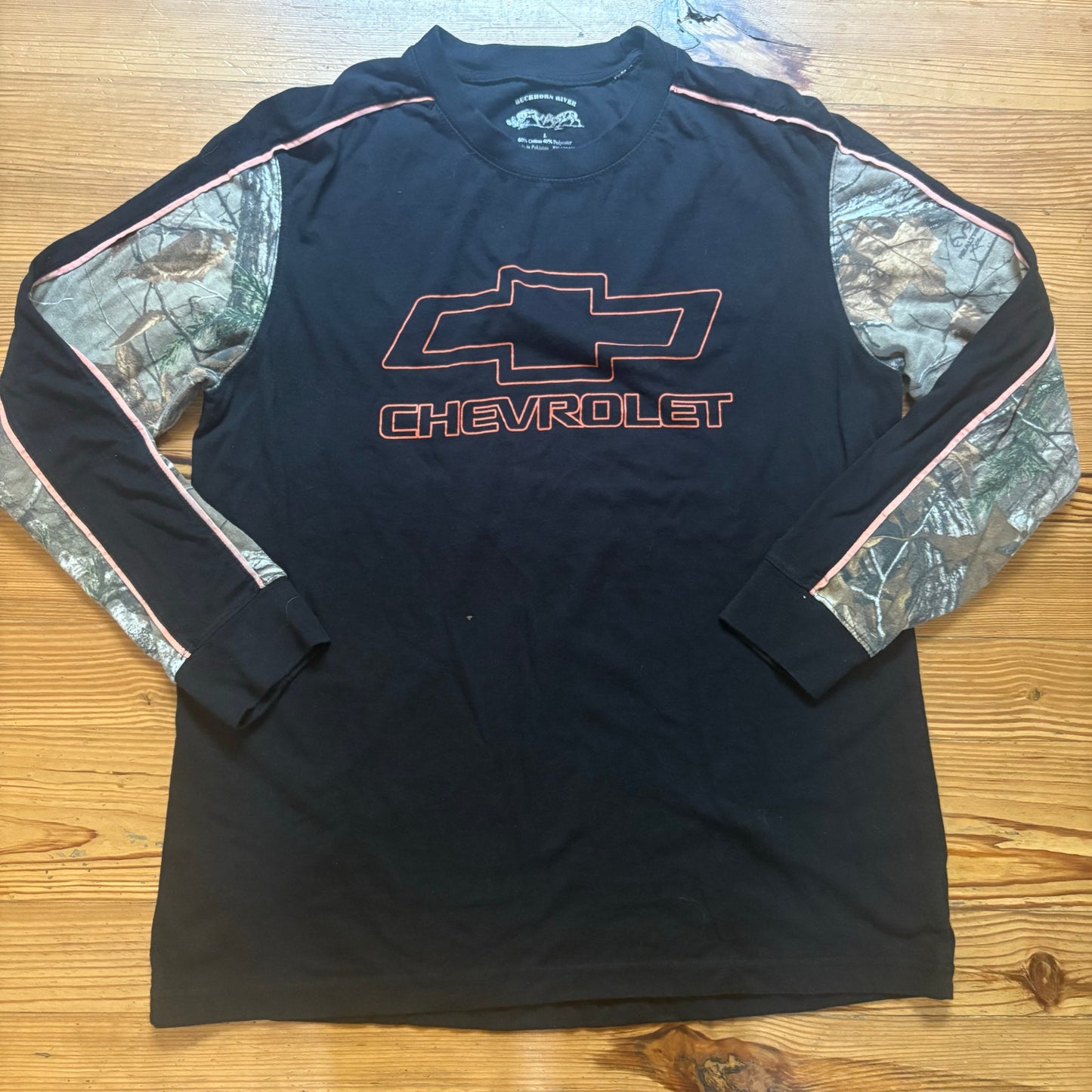 Chevrolet black camo orange long sleeve crew shirt SIZE L