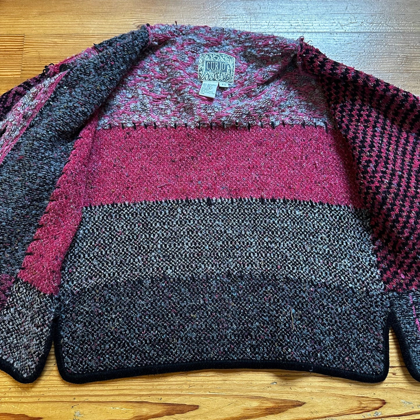 Curio vintage pink black oversized patchwork mock neck cardigan sweater SIZE S