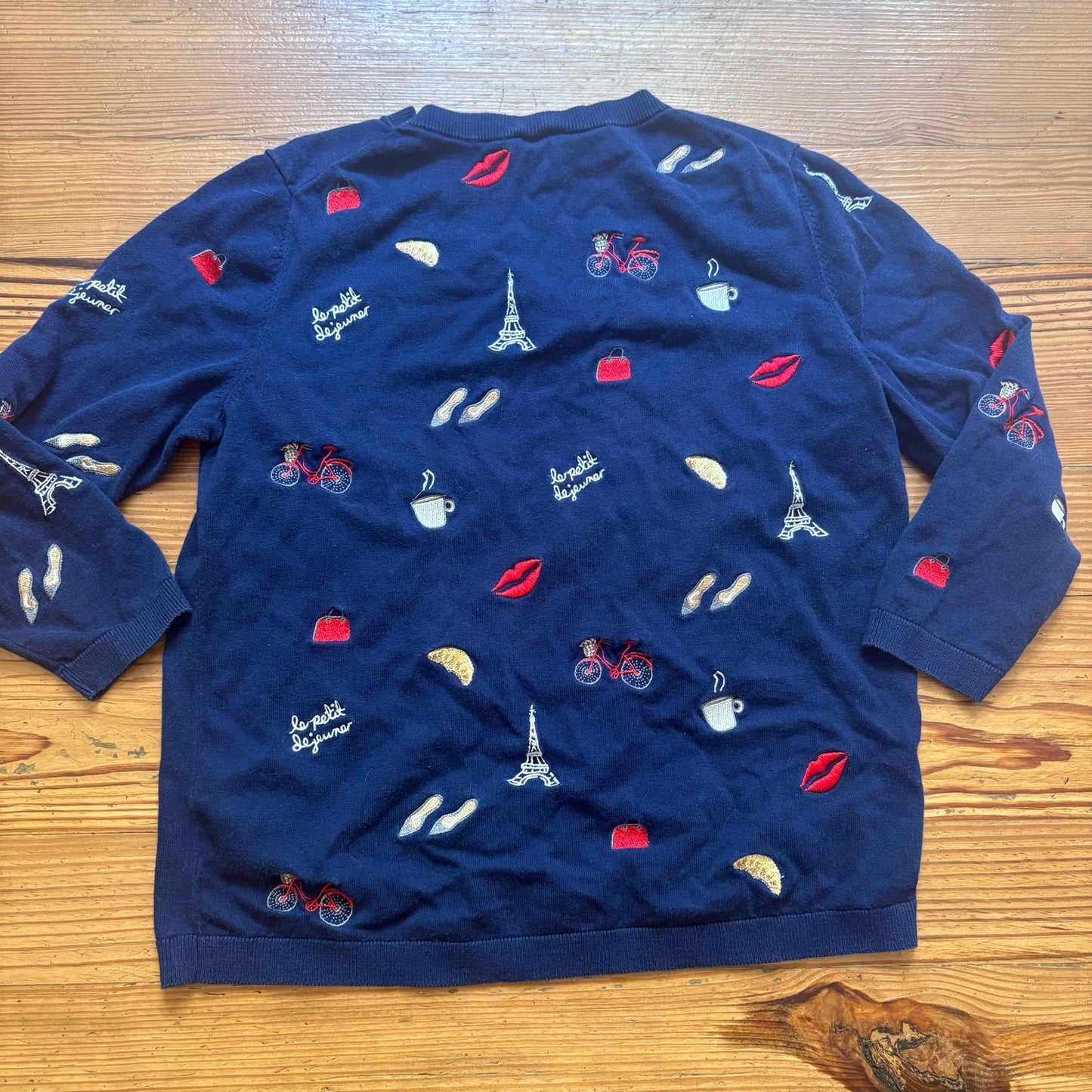 Talbots Paris dark navy blue embroidered crew lightweight sweater SIZE M