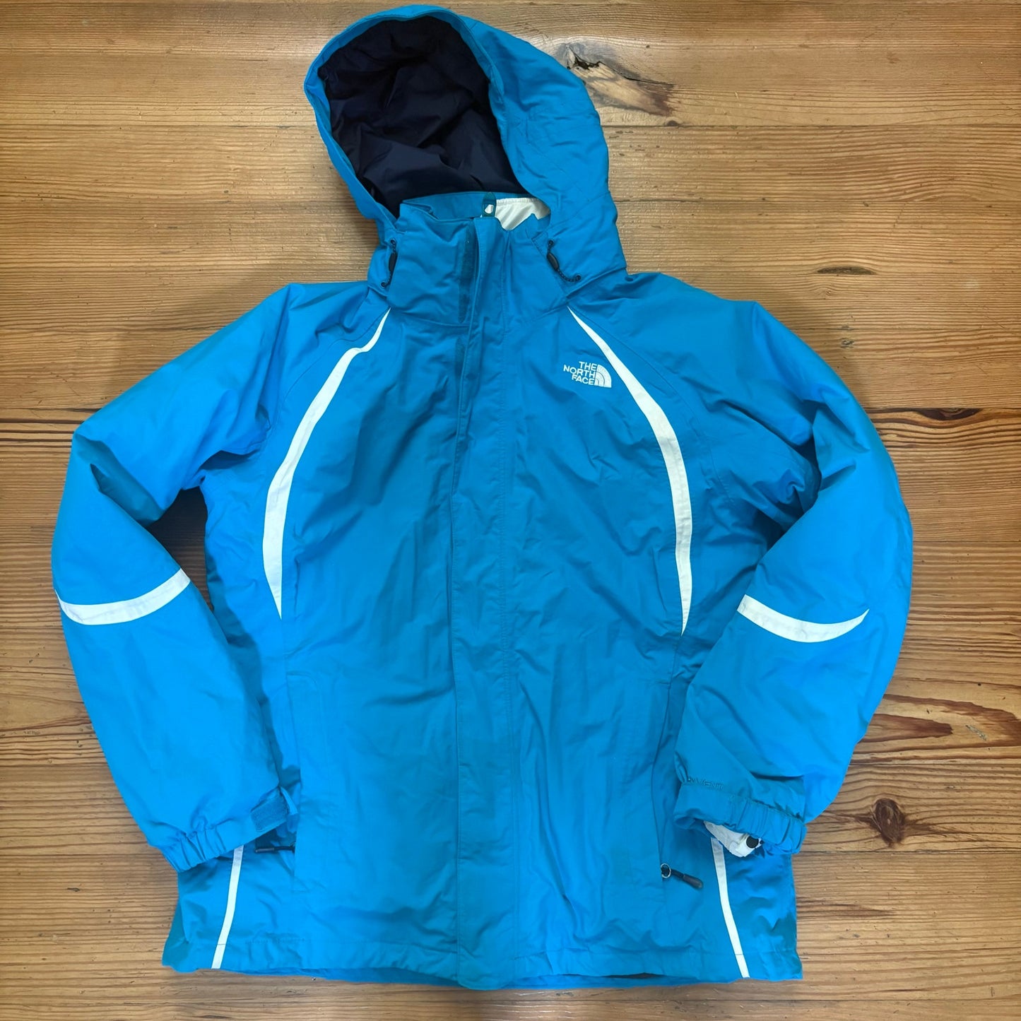 The North Face blue white sweater lined hooded ski womens winter coat SIZE L