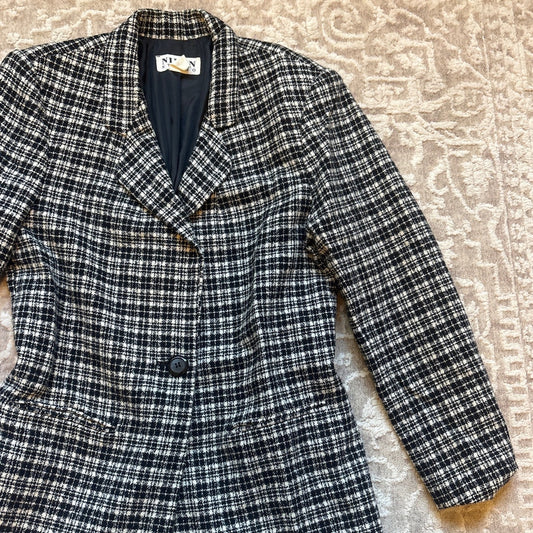 VTG Nipon Studio black white tweed womens button wool blazer SIZE 8